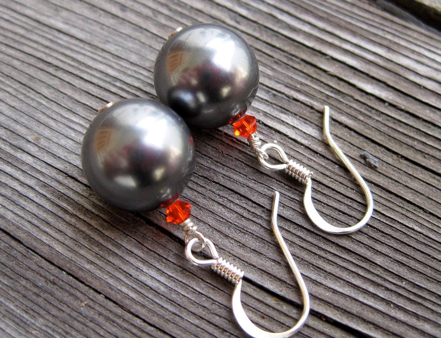 Gray and Orange Swarovski Pearl and Crystal Earrings