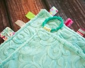 Aqua Minky TAG RIBBON blanket for baby - sensory blanket toy - featuring embossed minky fabric.