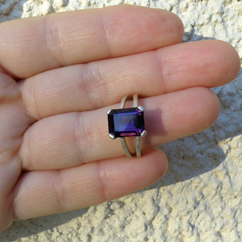 Amethyst Engagement Ring, Amethyst Sterling Silver Ring, Emerald Cut Ring, Faceted Gemstone Ring, Gift For Her, Purple Amethyst Ring