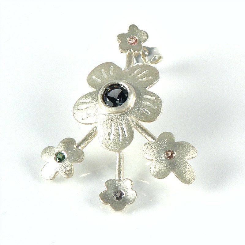 Sterling Silver Flowers Earrings, Tourmaline Earrings, Flowers Silver Earrings with Green Tourmalines, Spring Blossom, Tourmaline Jewelry