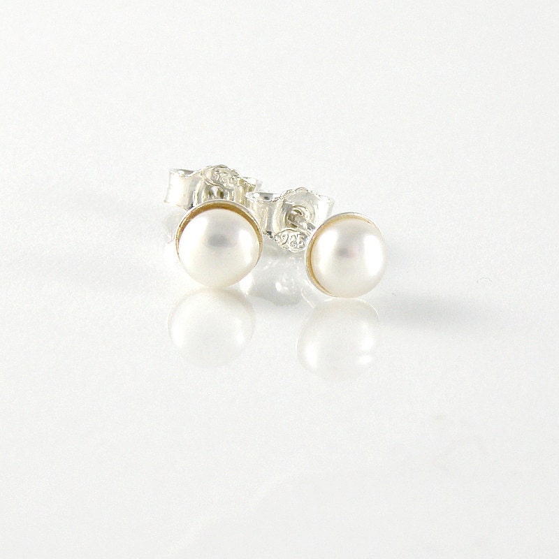 White Pearl Silver Post Earrings, Sterling Silver Stud Earrings, 5mm White Pearl, Bridesmaid Gift Pearl Earrings - EfratJewelry
