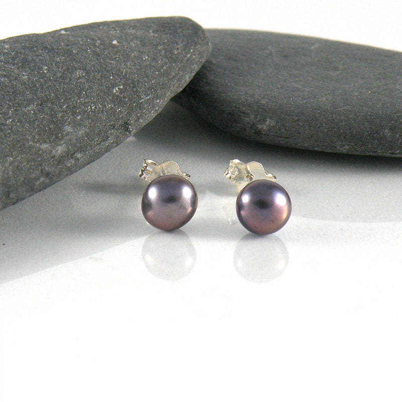 Metallic Gray Pearl Earrings, Silver Post Earrings, Sterling Silver Stud Earrings, 6mm Grey Peacock Pearl, Bridesmade Gift Pearl Earrings