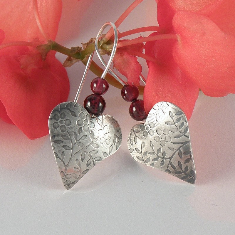Silver Heart Earrings, Garnet Earrings, Heart Sterling Silver Earrings, Gift for Teens, Miniature Flowers Earrings, Gift For Girls, Women