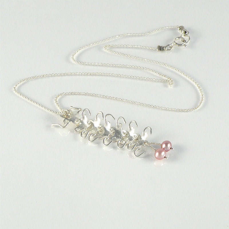 Flowers Caterpillar Sterling Silver Necklace with 14K Gold Eyes, Pink PearlsNecklace, Bug Pendant, Unique Flowers Necklace, Gift For Women