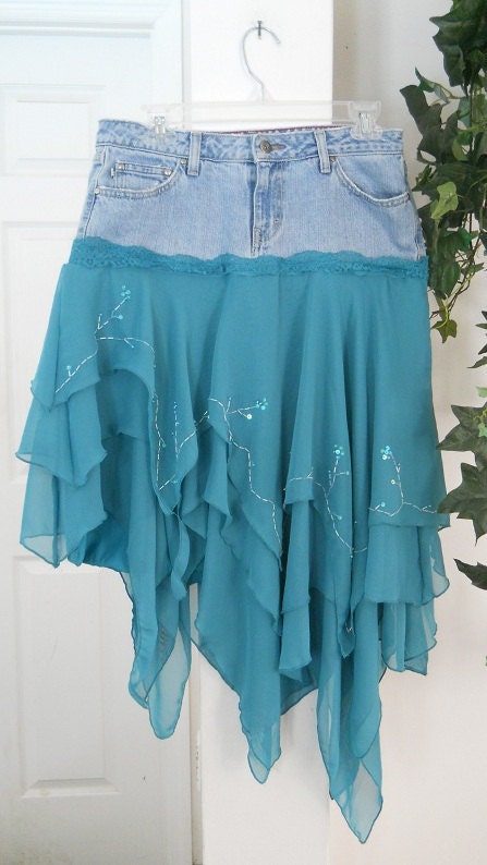 La Fée Bleue jean skirt turquoise faerie bohemian blue mermaid  beach goddess fairy ruffled vintage lace sequins Renaissance Denim Couture