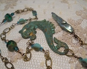 Emerald Seahorse necklace teal verdigris patina green crystal freshwater pearl bohemian ocean goddess turquoise aquamarine
