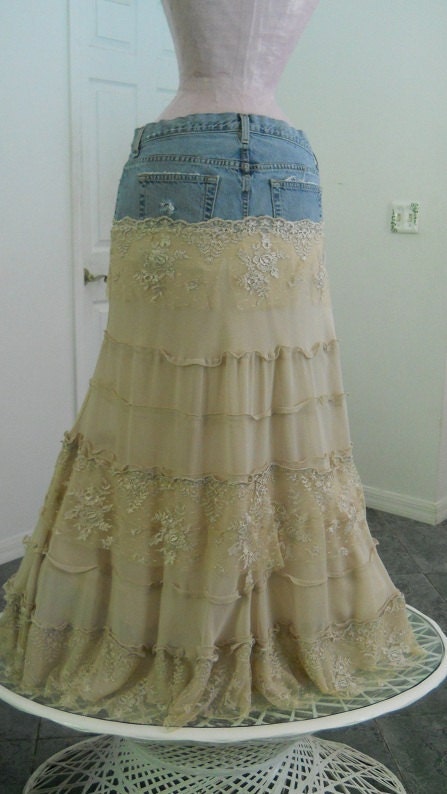 Isabelle jean skirt gorgeous ecru lace creamy crepe tiered ruffled frou frou Renaissance Denim Couture bohemian fairy goddess Made to Order
