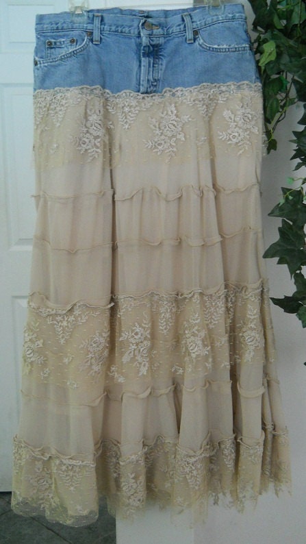 Isabelle jean skirt gorgeous ecru lace creamy crepe tiered ruffled frou frou Renaissance Denim Couture bohemian fairy goddess Made to Order