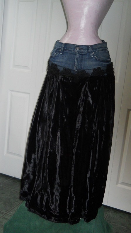 Gabrielle black velvet jean skirt bohemian goddess vintage lace Renaissance Denim Couture Seven for All Mankind midnight mermaid faerie