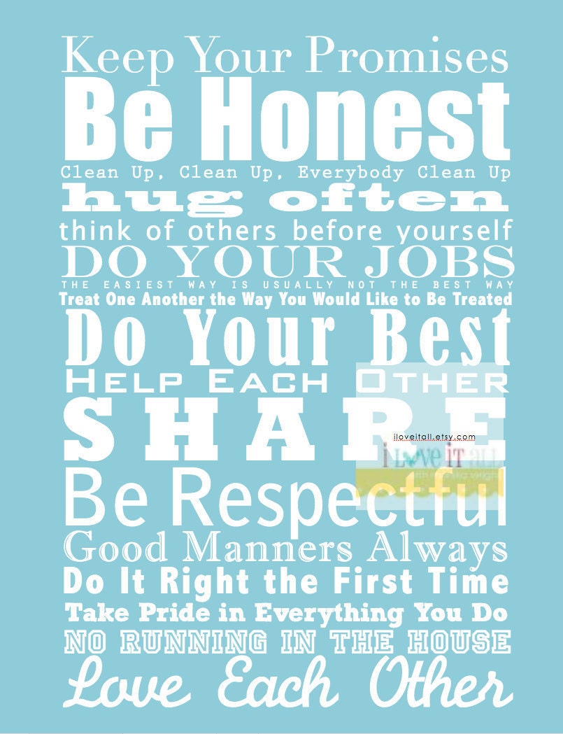 Family Rules . Robins Egg Blue Beach House Home Subway Art Print Manifesto Poster Sign Scroll Roll // 11x14 // Cottage Style Wall Decor