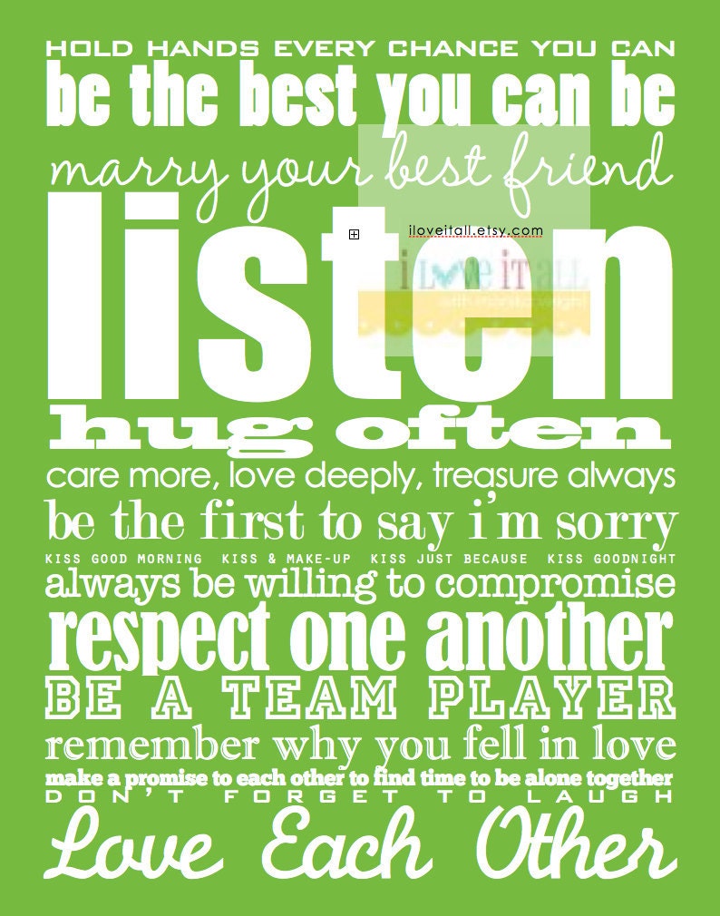 Bridal Shower Engagement Gift . Rules of Romantic Love . 13x19 Happy Marriage Advice Subway Art Poster Manifesto . Typography Anniversary