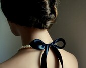 Pearl Necklace In White Swarovski Pearls With Black Satin Ribbon 18 Inches