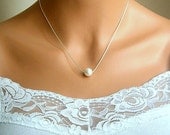 Floating Pearl Necklace In Silver Chain With 10mm White Swarovski Crystal Pearl 18 Inches