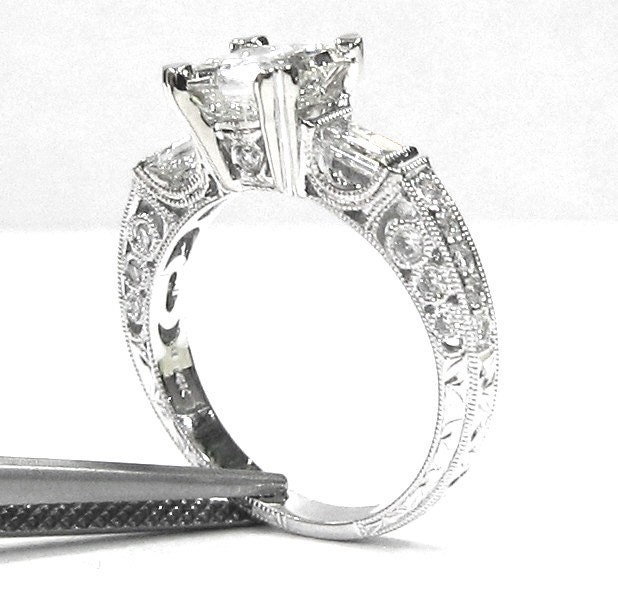 Princess baguette and round cut diamond engagement ring 1.50ctw