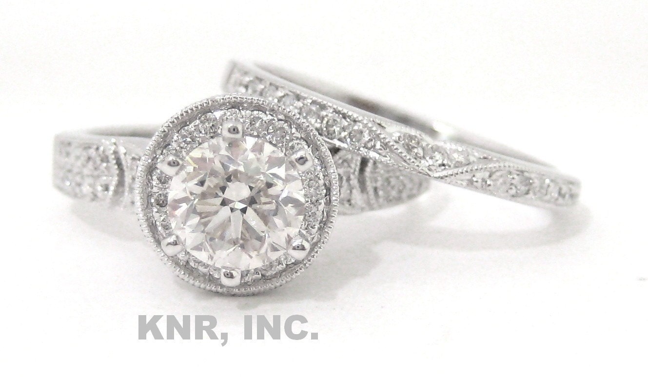 Diamond engagement ring and band 18K 1.67ct antique