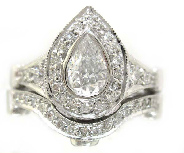14k white gold pear shape diamond engagement ring and band 1.75ctw
