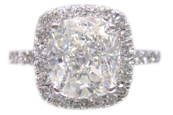18k white gold cushion cut diamond engagement ring art deco design halo 2.22ctw