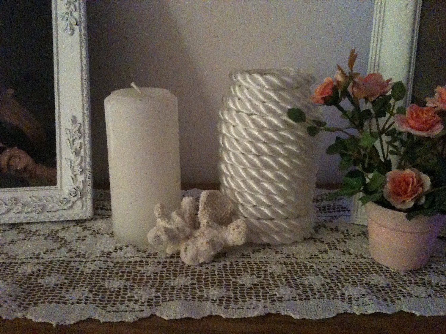 Nautical  White Rope Mason Jar Kitchen Utensil Holder