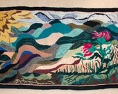 Primitive Hooked Rug in Non-traditional Motif            30 X 48 inch Landscape Design Hooked Rug