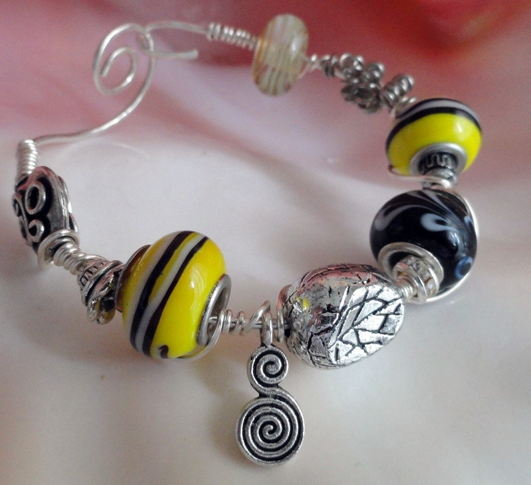 Sunshine Yellow and Black Lamp Work  Bead Wire Wrapped  Sterling Silver Bracelet