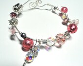 Falling Roses Honeysuckle Pink Crystal & Beads Wire Wrapped Bracelet