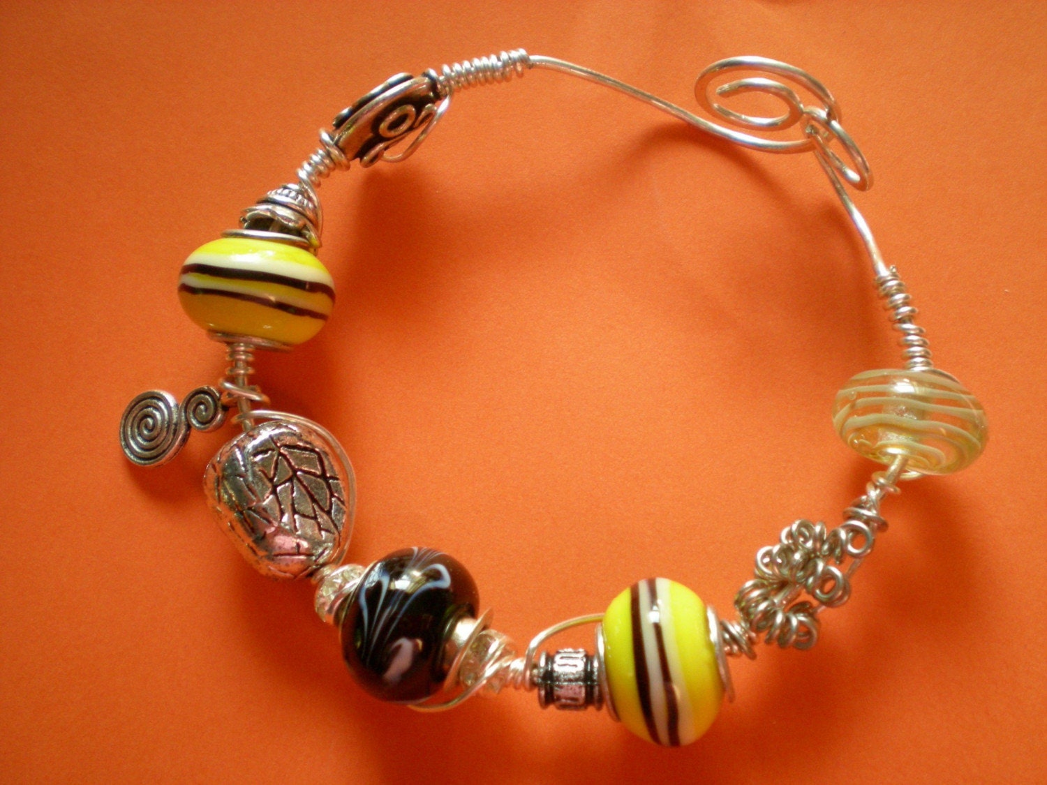 Sunshine Yellow and Black Lamp Work  Bead Wire Wrapped  Sterling Silver Bracelet