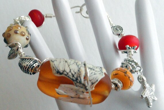 Tropical Sunset Orange Tangerine Spice Sterling Silver Wire Wrapped Beaded Bracelet