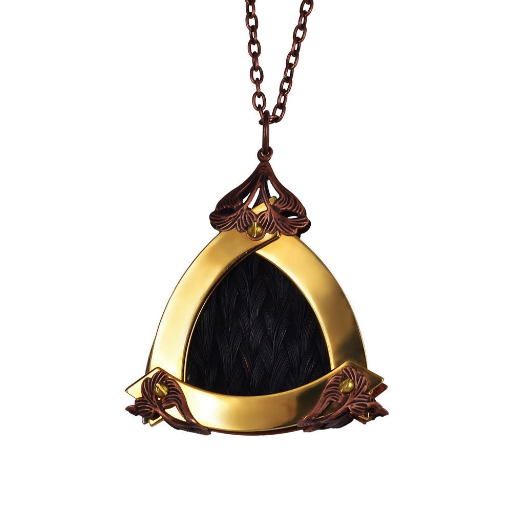 Taxidermy Necklace - 24K Gold Plated - Triangle Medallion with Genuine Mongolian Black Braided Horsetail Hair - Free Shipping