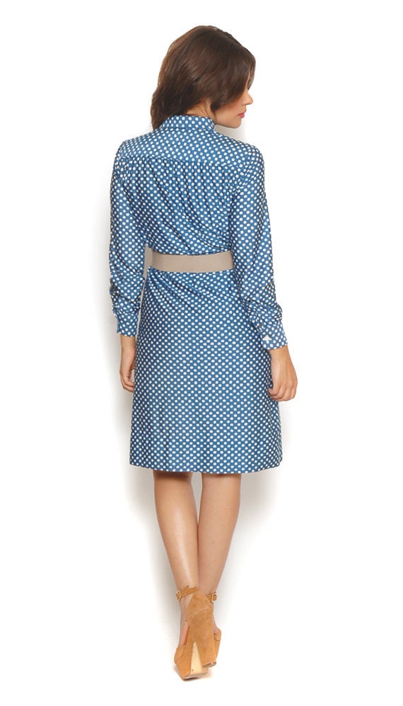 70s Shirt Dress Geometric Polka Dot Cornflower Blue Ascot Pussy Bow Midi Secretary Dress / Hipster Indie Preppy / Size M Medium