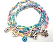 Wrap Bracelet with Braided Neon Satin and Chain ,yoga jewelry,yoga bracelet, evil eye jewelry