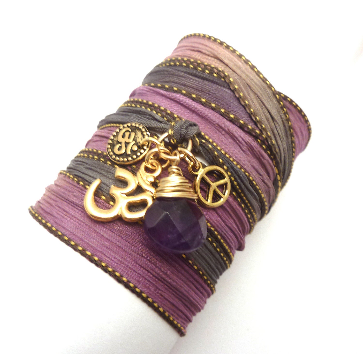 Screen Actors Guild Awards Silk Wrap Bracelet with Om Charms, Peace Sign and Amethyst, yoga jewelry