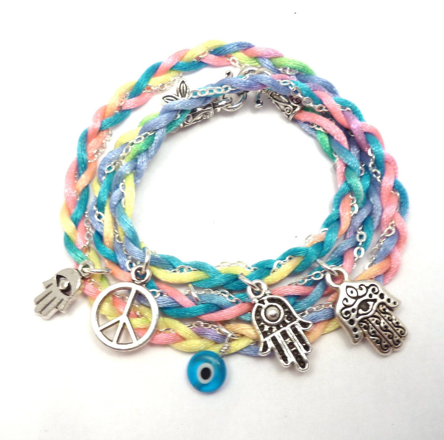 Wrap Bracelet with Braided Neon Satin and Chain ,yoga jewelry,yoga bracelet, evil eye jewelry