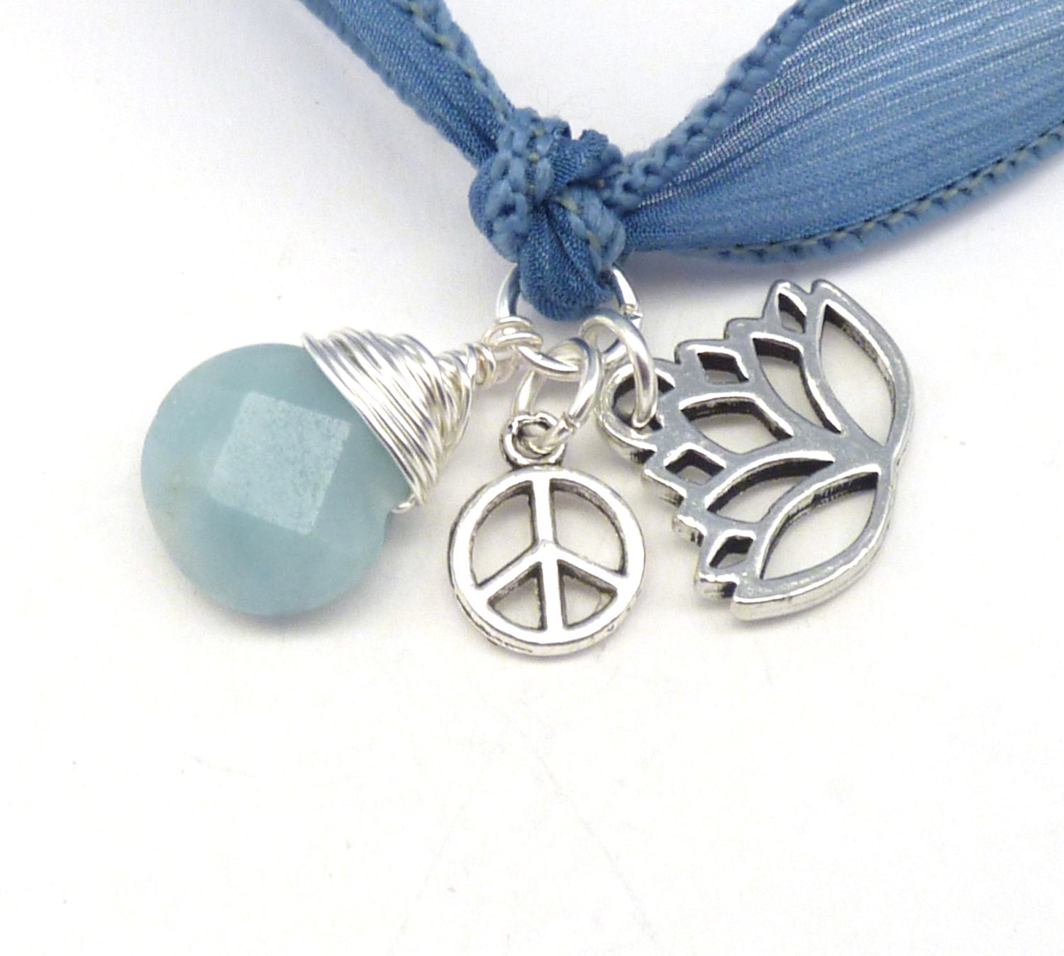 Silk Wrap Bracelet with Lotus Flower, Peace Sign, and Amazonite, yoga jewelry,wrapped, wrapping, wrap around,wrist wrap