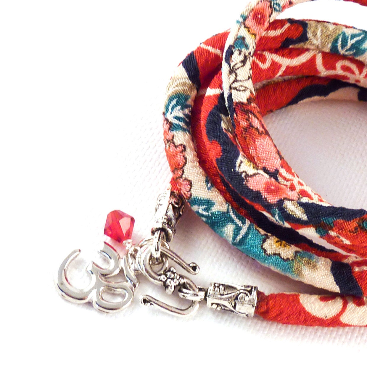Wrap Bracelet with Japanese Chirimen Cord and Om Charm,yoga jewelry,wrapped, wrapping, wrap around,wrist wrap