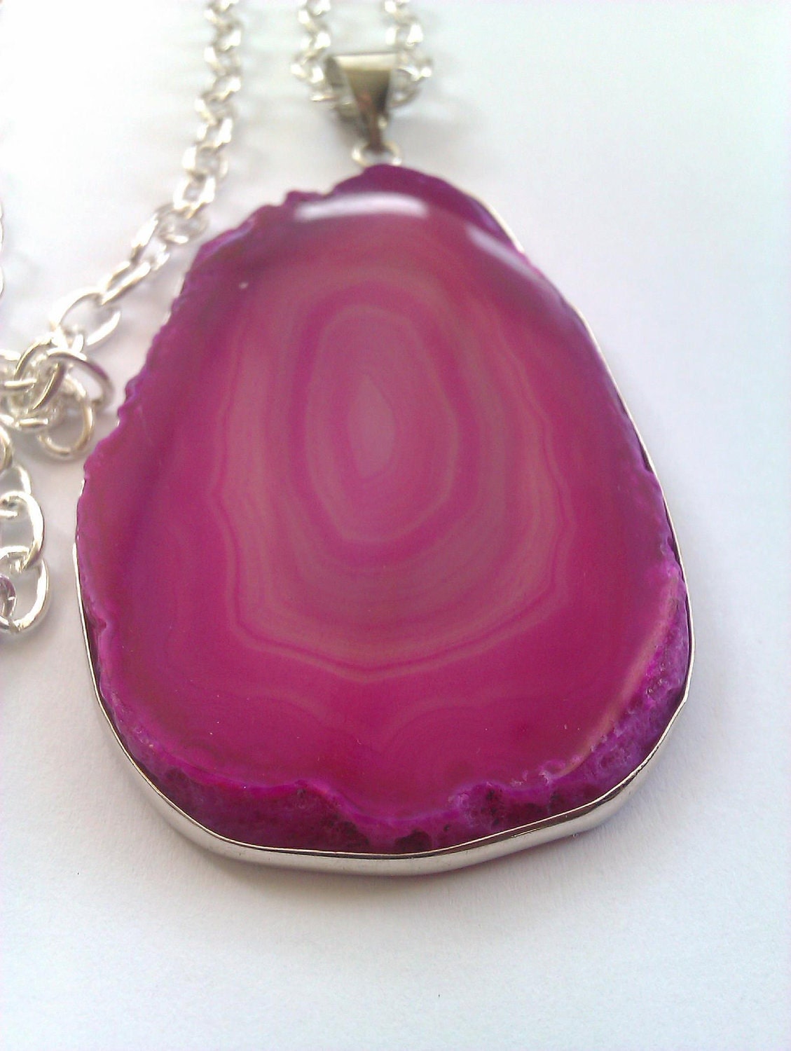 Hot Pink Gemstone Slice Pendant, Long Style Necklace