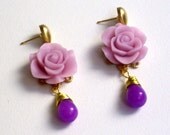 Lila colored jade precious stone earrings, resin, flower, cabochon, wedding, valentine's