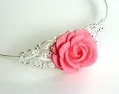 Silver plated headband with pink rose resin cabochon