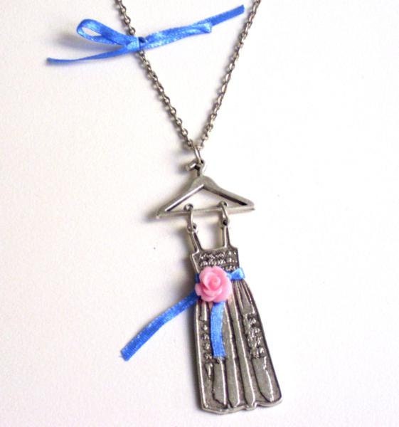 Dress pendant, Antique, oxidized silver plated metal, resin, rose cabochon