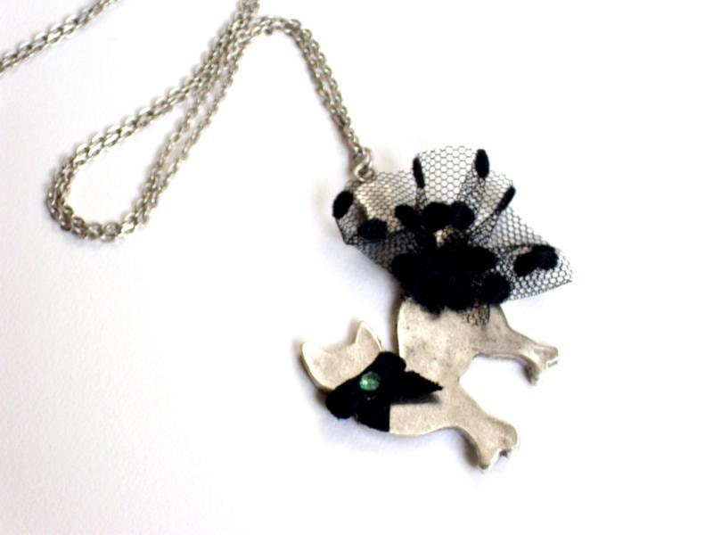 Antique silver plated embellished cat necklace