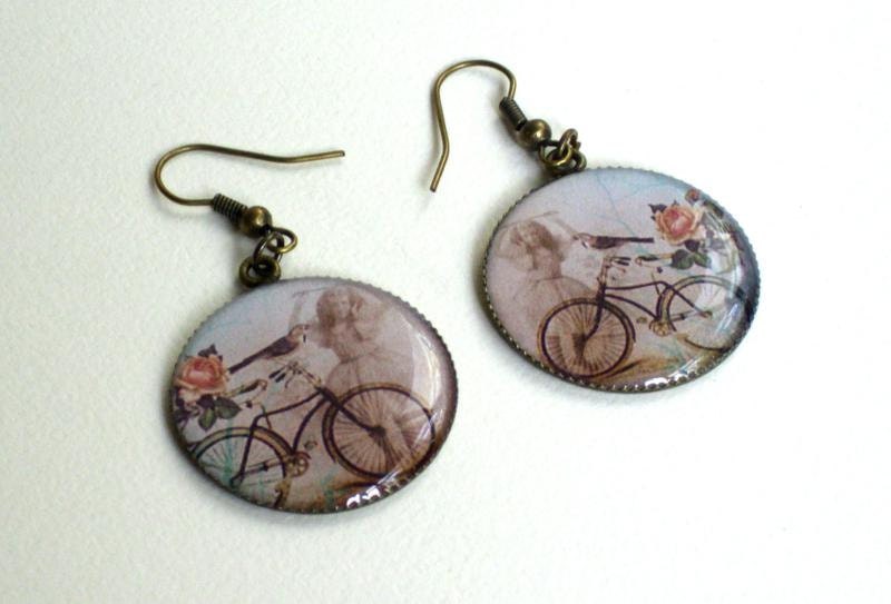 Resin cabochon, bicycle design earrings