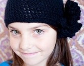 black soft merino- wool crocheted  beanie with flower