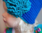 crochet girlie blue beanie with flower