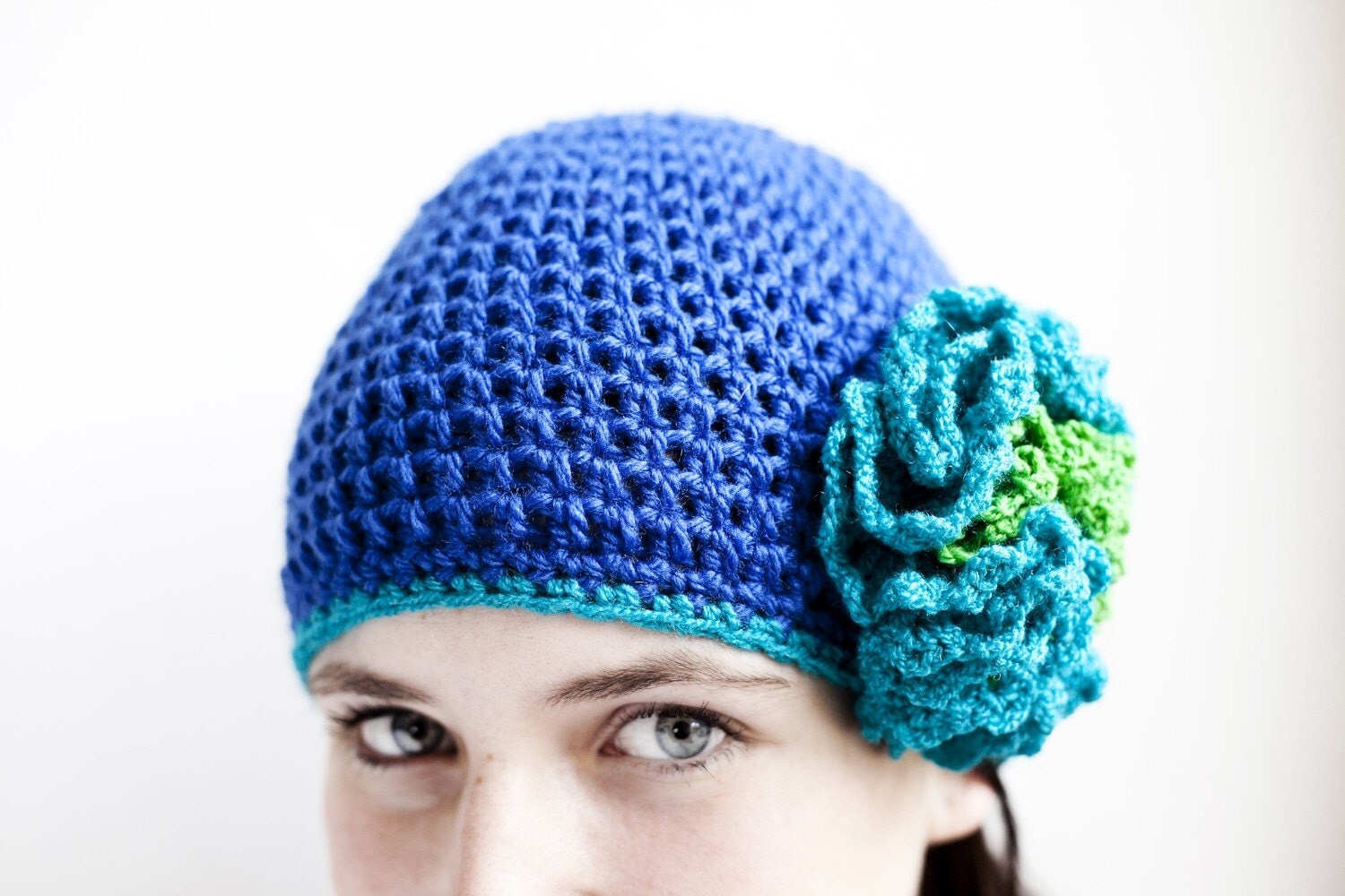 blue crochet woolen beanie with big flower