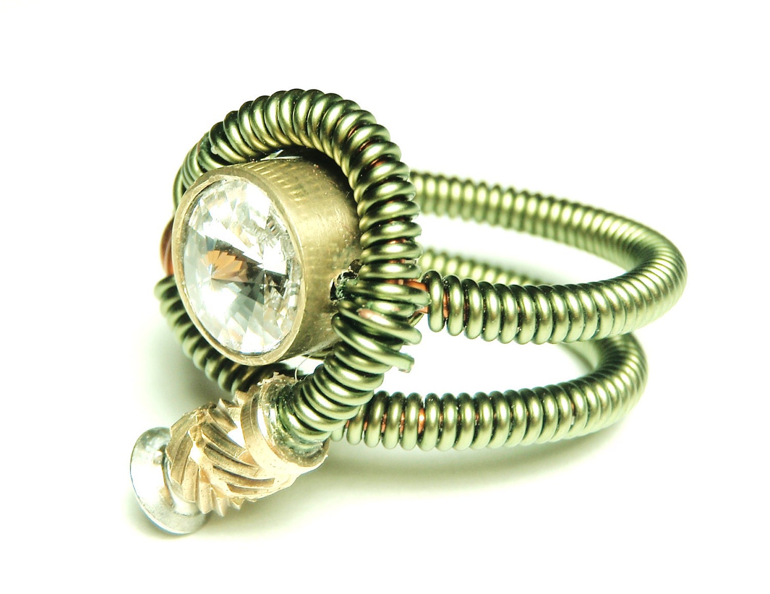 Bullet Casing wire ring - steampunk jewelry - cathedral clear swarovski crystal - steampunk ring by Dereck Maltez
