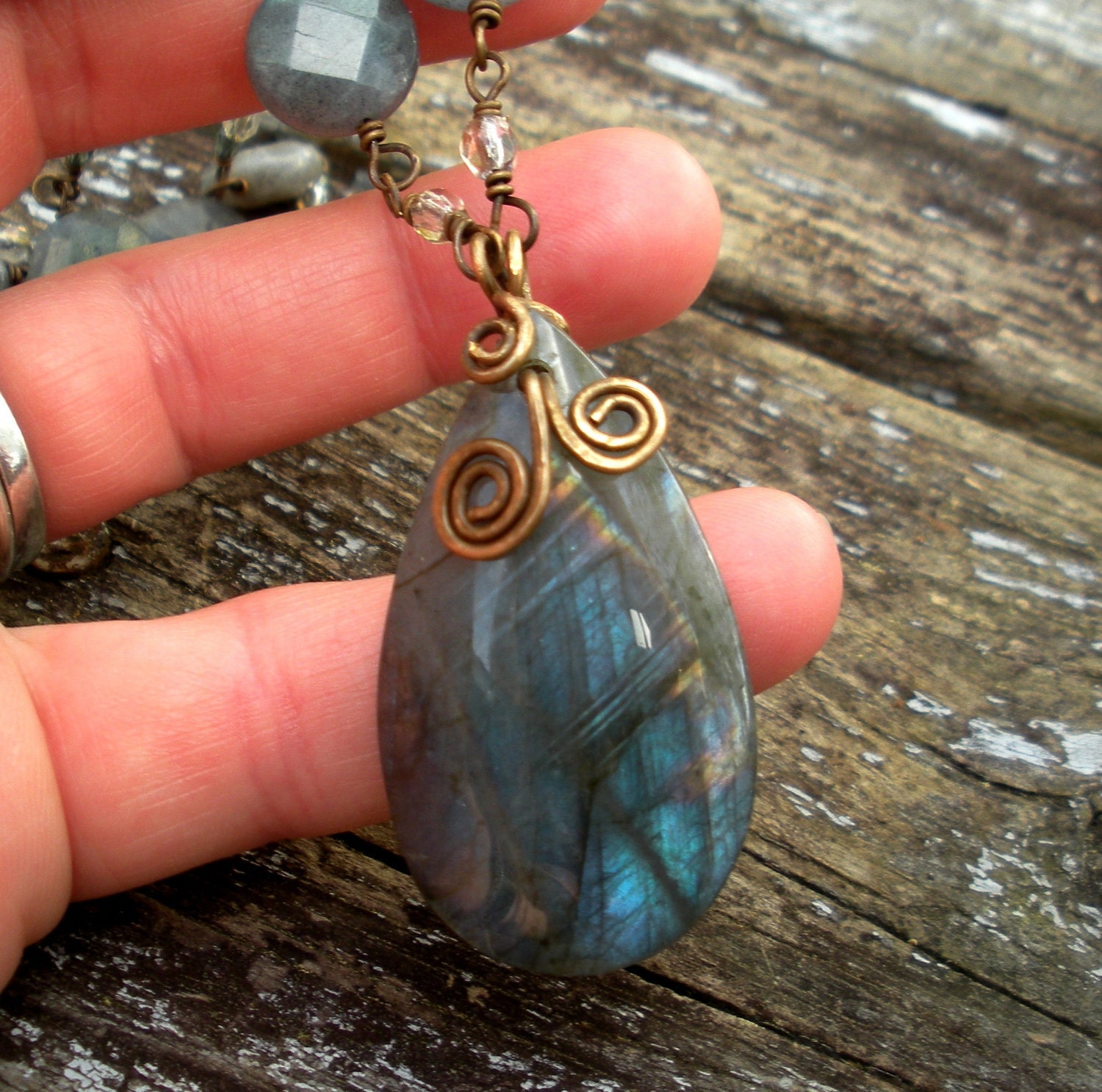 Blue Flash Wire Wrapped Labradorite Pendant and Coin Beaded Necklace with Antique Brass