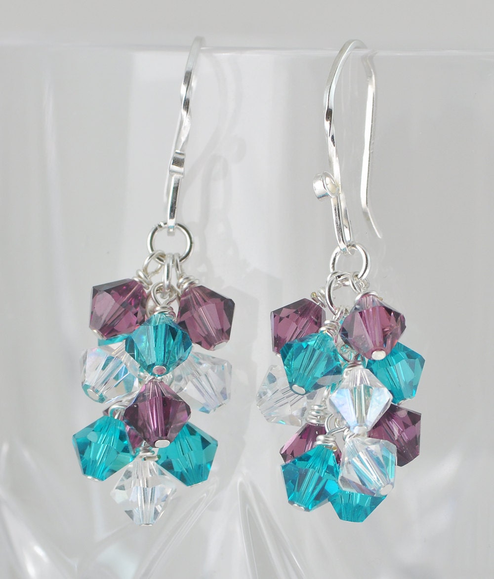 Swarovski Crystal Earrings, Dangle Cluster Earrings, Sterling Silver, Wire Wrapped, Colorful, Blue Zircon, Amethyst Purple and Clear