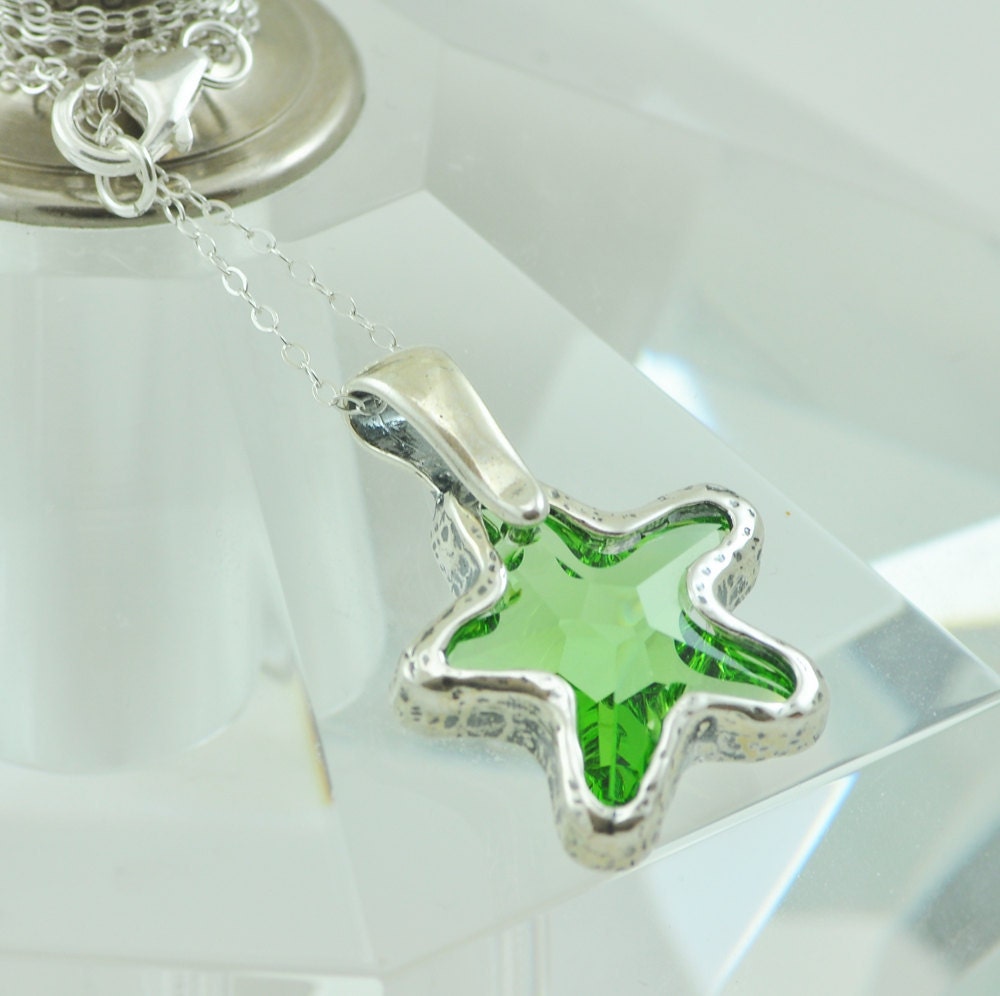 Peridot Green Starfish Necklace, Beach and Ocean Themed, Swarovski Crystal, Sterling Silver, Faceted Pendant