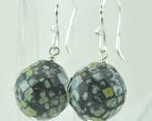 Snake Skin Patterned Dangle Earrings, Large Round Drop Earrings, Black, Grey and Yellow Fashion Earrings, Czech Glass, Sterling Silver
