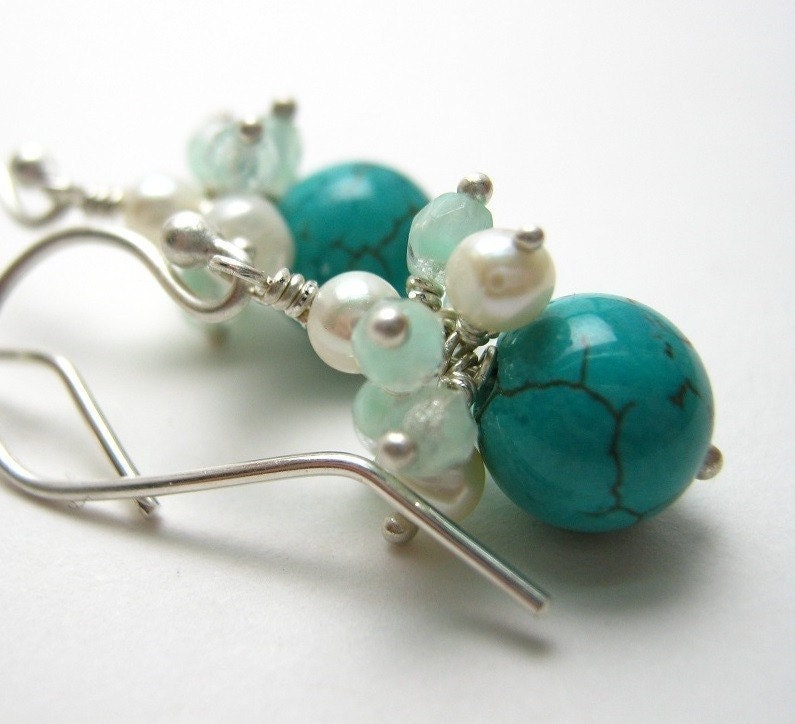 Turquoise Globe Earrings - Howlite and Pearl Earrings by dirty rice on etsy