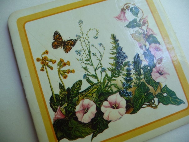 Vintage Coaster Set Butterfly Coasters Four Coasters Vintage Housewares Flowers Butterfly Kitchen Table Cork Vintage Home Decor Unique